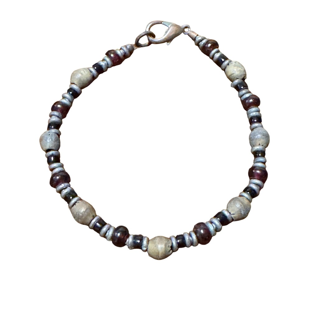 Unbranded Beaded Bracelet Grey Stone‎ Burgundy Glass Black Unisex Boho Rustic